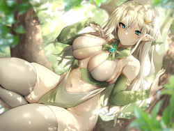 Rule 34 | 1girl, aqua eyes, bare shoulders, braid, branch, breasts, cleavage, collar, danimaru, dappled sunlight, detached sleeves, elbow gloves, elf, forest, gloves, green eyes, green nails, in tree, large breasts, looking at viewer, nail polish, nature, navel, original, pelvic curtain, pointy ears, sitting, sitting in tree, skindentation, solo, sunlight, thick thighs, thighhighs, thighs, tree, white hair, white thighhighs