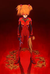 Rule 34 | 1girl, :&lt;, arms behind back, artist request, blindfold, bodysuit, breasts, brown hair, closed mouth, cowboy shot, cutting hair, evangelion: 3.0+1.0 thrice upon a time, expressionless, full body, gloves, hair between eyes, highres, holding, holding scissors, interface headset, looking at viewer, looking to the side, medium hair, neon genesis evangelion, pilot suit, plugsuit, rebuild of evangelion, red background, red bodysuit, scissors, short hair, simple background, skin tight, small breasts, solo, souryuu asuka langley, standing, turtleneck