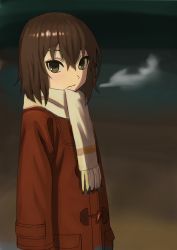 Rule 34 | 1girl, absurdres, boku dake ga inai machi, brown hair, child, closed mouth, coat, commentary request, green eyes, highres, hinazuki kayo, looking at viewer, red coat, scarf, serious, short hair, solo, wasabi60, white scarf