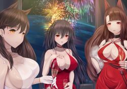 Rule 34 | 3girls, absurdres, aerial fireworks, akagi (azur lane), akagi (ruby-laced beauty) (azur lane), alternate costume, animal ears, atago (azur lane), azur lane, black hair, blurry, blurry background, breasts, brown hair, brown tail, champagne flute, choker, cocktail dress, cup, dress, drinking glass, evening gown, ex saki, feather boa, fireworks, from side, hair between eyes, halter dress, halterneck, highres, kitsune, kyuubi, large breasts, long hair, looking at viewer, mole, mole under eye, multiple girls, multiple tails, night, o-ring dress, official alternate costume, orange eyes, red choker, red dress, red eyes, sideboob, taihou (azur lane), taihou (forbidden feast) (azur lane), tail, upper body, water, white dress