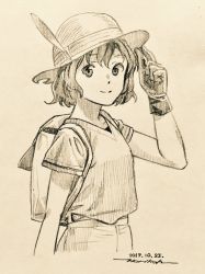 Rule 34 | 1girl, backpack, bag, closed mouth, cowboy shot, dated, gloves, greyscale, hand up, hat, hat feather, highres, horikou, kaban (kemono friends), kemono friends, looking at viewer, monochrome, scan, shirt, shorts, signature, smile, solo