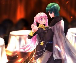 Rule 34 | 1boy, 1girl, adapted costume, armor, black dress, byleth (fire emblem), byleth (male) (fire emblem), cape, closed eyes, dancing, dress, fire emblem, fire emblem: three houses, formal, garreg mach monastery uniform, green hair, hand up, highres, hilda valentine goneril, holding, holding hands, karingityou, long hair, looking at another, matching hair/eyes, nintendo, pink eyes, pink hair, shirt, simple background, table, twintails