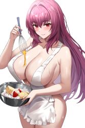 Rule 34 | 1girl, absurdres, apron, blush, breasts, cleavage, closed mouth, fate/grand order, fate (series), food, fruit, highres, holding, holding whisk, jasony, large breasts, long hair, looking at viewer, naked apron, purple hair, red eyes, scathach (fate), simple background, solo, strawberry, whisk, white apron, white background