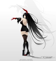 Rule 34 | 1girl, absurdres, azur lane, conductor baton, black hair, breasts, fake horns, friedrich der grosse (azur lane), gloves, high heels, highres, horns, large breasts, long hair, looking at viewer, red gloves, scarfpen01, shadow, simple background, thighhighs