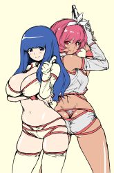 Rule 34 | 2girls, ass, back-to-back, blue eyes, blue hair, boots, bow, breasts, cleavage, dirty pair, hair bow, hairband, highres, kei (dirty pair), kuzukago (bitchmaker), large breasts, light smile, long hair, looking back, multiple girls, pointing, red eyes, red hair, redesign, short hair, thigh boots, thighhighs, thong, v-shaped eyebrows, whale tail (clothing), white hairband, yuri (dirty pair)
