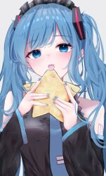 Rule 34 | 1girl, blue eyes, blue hair, blush, cookie, detached sleeves, eating, food, h raj (pixiv 93311327), hair ornament, hairband, hatsune miku, highres, holding, holding food, lolita hairband, long hair, long sleeves, looking at viewer, nail polish, necktie, open mouth, shirt, sleeveless, sleeveless shirt, smile, solo, star-shaped cookie, star-shaped food, star (symbol), twintails, upper body, vocaloid