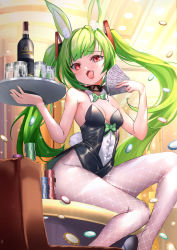 Rule 34 | 1girl, :d, animal ear fluff, animal ears, bare shoulders, black leotard, blush, bottle, breasts, card, commentary, cup, delutaya, fake animal ears, fang, fishnet pantyhose, fishnets, fuyouchu, green hair, holding, holding card, holding tray, indie virtual youtuber, indoors, leotard, long hair, looking at viewer, medium breasts, open mouth, pantyhose, playboy bunny, poker chip, rabbit ears, red eyes, sitting, smile, solo, strapless, strapless leotard, tray, twintails, very long hair, virtual youtuber, white pantyhose