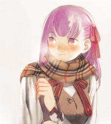 1girl bad_id bad_pixiv_id fate/stay_night fate_(series) female_focus matou_sakura plaid_clothes plaid_scarf purple_eyes purple_hair ribbon scarf solo taa_(acid) vest