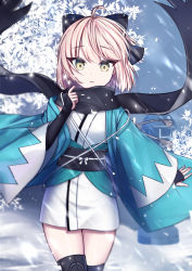 Rule 34 | 1girl, ahoge, arm guards, black bow, black scarf, black thighhighs, blonde hair, bow, closed mouth, commentary request, fate/grand order, fate (series), flower, hair between eyes, hair bow, hand up, haori, highres, japanese clothes, kimono, koha-ace, looking at viewer, mamel 27, obi, okita souji (fate), okita souji (koha-ace), sash, scarf, short kimono, solo, standing, thighhighs, white flower, white kimono, yellow eyes