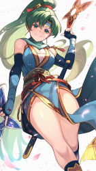 Rule 34 | 1girl, alternate costume, bare shoulders, blush, breasts, cleavage, commentary request, dual wielding, earrings, elbow gloves, fingerless gloves, fingernails, fire emblem, fire emblem: the blazing blade, fire emblem heroes, gloves, gradient background, green eyes, green hair, hair ornament, headband, highres, holding, holding weapon, japanese clothes, jewelry, long hair, looking at viewer, lyn (fire emblem), medium breasts, nakabayashi zun, ninja, nintendo, parted lips, pelvic curtain, petals, ponytail, sarashi, scarf, sheath, sheathed, shuriken, shuriken hair ornament, signature, simple background, sleeveless, smile, solo, sword, thighs, weapon, white background