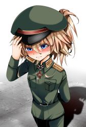 10s 1girl arm_behind_back blonde_hair blue_eyes blush breast_pocket closed_mouth colored_eyelashes commentary_request cowboy_shot eyebrows eyelashes female_focus flat_chest frown glint green_hat hair_between_eyes hal_(goshujinomocha) hat highres long_sleeves looking_at_viewer military military_hat military_uniform peaked_cap pocket short_hair solo standing sweatdrop tanya_degurechaff youjo_senki