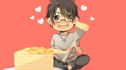 Rule 34 | 1boy, bad id, bad pixiv id, cake, fb777, food, fork, glasses, heart, heart-shaped pupils, highres, m.s.s project, male focus, mini person, miniboy, red background, sankaku dotto, simple background, solo, symbol-shaped pupils