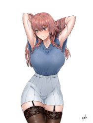Rule 34 | 1girl, alterzk, armpits, arms behind head, arms up, blue shirt, blush, bra, bra visible through clothes, breasts, cowboy shot, expressionless, garter straps, grey skirt, highres, inui shinju, lace, lace-trimmed bra, lace-trimmed legwear, lace trim, large breasts, looking away, pink hair, pleated skirt, see-through, shirt, shirt tucked in, simple background, skindentation, skirt, skirt rolled up, solo, sono bisque doll wa koi wo suru, straight hair, thighhighs, underwear, white background, zettai ryouiki