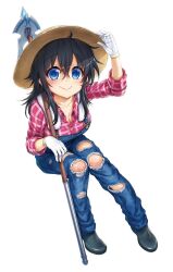 Rule 34 | 1girl, adjusting clothes, adjusting headwear, ahoge, black hair, blue eyes, boots, breasts, cleavage, closed mouth, collarbone, cover, cover page, denim, full body, gloves, hair between eyes, hat, highres, hisasi, invisible chair, jeans, large breasts, looking at viewer, netoge no yome wa onna no ko janai to omotta?, novel cover, official art, pants, plaid, plaid shirt, red shirt, rubber boots, second-party source, shirt, simple background, sitting, smile, solo, staff, straw hat, suspenders, tamaki ako, torn clothes, torn jeans, torn pants, towel, towel around neck, white background, white gloves