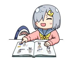 Rule 34 | 1girl, adapted costume, cardigan, closed eyes, commentary request, grey hair, grey sailor collar, hair ornament, hair over one eye, hairclip, hama! (3toshinhmkz), hamakaze (kancolle), kantai collection, neckerchief, no nose, photo (object), photo album, pink cardigan, pointing, sailor collar, school uniform, serafuku, short hair, simple background, smile, solo, stuffed animal, stuffed shark, stuffed toy, upper body, white background, yellow neckerchief