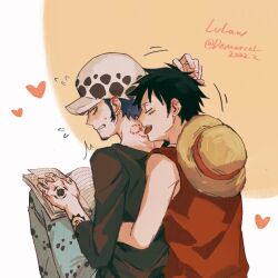 Rule 34 | 2boys, arm tattoo, bite mark, bite mark on neck, blush, book, commentary request, couch, demorzel, earrings, facial hair, flying sweatdrops, goatee, hand tattoo, hat, heart, highres, holding, holding book, hug, jewelry, looking at another, monkey d. luffy, multiple boys, one piece, short hair, sitting, straw hat, sweatdrop, tattoo, teeth, tongue, tongue out, trafalgar law, unworn hat, unworn headwear, yaoi, yellow eyes