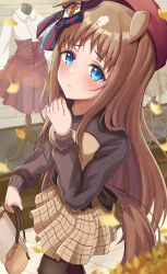 Rule 34 | 1girl, alternate costume, animal ears, bag, black pantyhose, blue eyes, blunt bangs, blurry, blurry background, blurry foreground, blush, breasts, brown hair, brown skirt, brown sweater, casual, closed mouth, crouching start, ears down, grass wonder (umamusume), hair ornament, handbag, highres, horse ears, horse girl, horse tail, leaf, long hair, long sleeves, looking at viewer, pantyhose, plaid, plaid skirt, red headwear, skirt, small breasts, solo, sweater, tail, umamusume