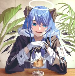 Rule 34 | 1girl, arknights, asymmetrical gloves, black gloves, blue eyes, blue hair, curled horns, demon horns, dessert, energy wings, fallen angel, food, fur-trimmed hood, fur trim, glass, gloves, halo, hand rest, highres, hood, horns, indoors, jacket, long hair, looking at viewer, memetaroh, mostima (arknights), open clothes, open jacket, open mouth, plant, potted plant, shirt, signature, smile, solo, white gloves, white shirt