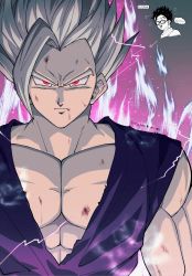 Rule 34 | 1boy, abs, aura, battle damage, closed mouth, dragon ball, dragon ball super, dragon ball super super hero, electricity, glasses, gohan beast, grey hair, highres, looking at viewer, male focus, multiple views, muscular, muscular male, naraku (zg8w5), red eyes, solo, son gohan, spiked hair, upper body