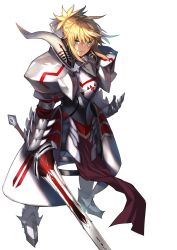 Rule 34 | &gt;:), 1girl, armor, blonde hair, clarent (fate), fate/apocrypha, fate/grand order, fate (series), full armor, full body, gauntlets, greaves, green eyes, highres, holding, holding sword, holding weapon, karlwolf, long hair, looking at viewer, mordred (fate), mordred (fate/apocrypha), parted lips, pauldrons, ponytail, shoulder armor, smile, solo, standing, swept bangs, sword, v-shaped eyebrows, weapon