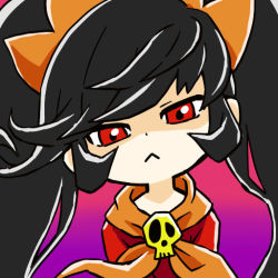 Rule 34 | 1girl, :&lt;, arms at sides, ashley (warioware), black hair, closed mouth, disgust, dot nose, dress, female focus, gradient background, hair ornament, hairband, head tilt, long hair, long sleeves, looking at viewer, neckwear request, nintendo, orange hairband, orange neckwear, orange sailor collar, red dress, red eyes, sailor collar, shaded face, sidelocks, skull, solo, tendoast, twintails, upper body, very long hair, warioware, white theme