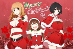 3girls, :d, ^ ^, belt, belt buckle, black belt, black eyes, black hair, braid, breasts, brown eyes, brown hair, buckle, capelet, cleavage, closed eyes, closed mouth, collarbone, detached sleeves, dress, embarrassed, eyes closed, french braid, fur-trimmed capelet, fur-trimmed dress, fur-trimmed skirt, fur-trimmed sleeves, fur trim, kaijin reijou, large breasts, long hair, long sleeves, looking at viewer, merry christmas, midriff, miniskirt, multiple girls, navel, open mouth, outstretched arms, red background, red capelet, red dress, red skirt, red sleeves, santa costume, shiny, shiny hair, short dress, short hair, skirt, small breasts, smile, stomach, strapless, tashiro tetsuya, tears
