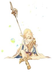 Rule 34 | 1girl, absurdres, armor, blonde hair, blush, braid, cape, crown braid, closed eyes, fire emblem, fire emblem heroes, highres, holding, holding polearm, holding weapon, long hair, long sleeves, nintendo, nishimura (nianiamu), open mouth, polearm, scale armor, sharena (fire emblem), simple background, sitting, solo, weapon, white background
