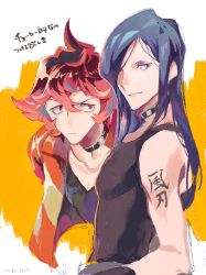Rule 34 | 2boys, bare shoulders, blue hair, choker, collar, gueira, hair over one eye, hinoe (right-hnxx03), long hair, male focus, meis (promare), multiple boys, promare, red eyes, red hair, shoulder tattoo, tank top, tattoo