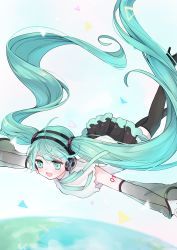 Rule 34 | 1girl, :d, absurdres, blue eyes, blue hair, blush, boots, detached sleeves, earth (planet), falling, floating hair, hair ornament, hatsune miku, hatsune miku (nt), headphones, high heel boots, high heels, highres, long hair, long sleeves, nagitofuu, neck ribbon, open mouth, outstretched arms, planet, pleated skirt, ribbon, see-through, see-through sleeves, shirt, skirt, sleeveless, sleeveless shirt, smile, solo, thigh boots, twintails, very long hair, vocaloid