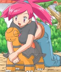 Rule 34 | 00s, 1girl, blush, breast press, breast smother, breasts, cleavage, creatures (company), face to breasts, flannery (pokemon), game freak, gen 3 pokemon, gym leader, hug, large breasts, lowres, nintendo, oekaki, pokemoa, pokemon, pokemon (creature), pokemon rse, red hair, torkoal