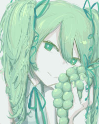 Rule 34 | 1girl, avogado6, bare shoulders, commentary, food, fruit, grapes, green eyes, green hair, green ribbon, green theme, grey background, grey shirt, hair ribbon, half-closed eyes, hatsune miku, holding, holding food, holding fruit, looking at viewer, muscat, ribbon, shirt, sleeveless, sleeveless shirt, smile, solo, upper body, vocaloid