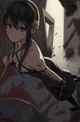 Rule 34 | 1girl, absurdres, black dress, black gloves, black hair, blood, blood in hair, blood on arm, blood on body, blood on chest, blood on face, breasts, broken furniture, cleavage, corpse, dagger, dress, dual wielding, fingerless gloves, gloves, gold hairband, hairband, highres, holding, holding weapon, kiukoma, knife, long hair, medium breasts, red eyes, sidelocks, sleeveless, sleeveless dress, solo, spy x family, stiletto (weapon), weapon, yor briar