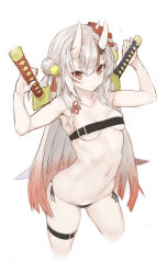Rule 34 | 1girl, absurdres, armpits, bare arms, bare shoulders, bell, belt bra, black panties, breasts, closed mouth, collarbone, cropped legs, double bun, grey hair, hair bell, hair between eyes, hair bun, hair ornament, highres, hololive, jingle bell, katana, long hair, looking at viewer, mask, mask on head, multicolored hair, nakiri ayame, nakiri ayame (1st costume), navel, oni mask, panties, red eyes, red hair, ryo (tg290), side-tie panties, simple background, small breasts, solo, streaked hair, sword, sword behind back, underwear, very long hair, virtual youtuber, weapon, white background