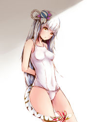 Rule 34 | 1girl, haku (p&amp;d), highres, long hair, one-piece swimsuit, puzzle &amp; dragons, school swimsuit, silver (chenwen), silver (pixiv5594793), solo, standing, swimsuit, tail, tiger tail, white hair, white school swimsuit, white one-piece swimsuit, yellow eyes