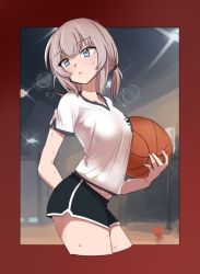 Rule 34 | 10s, 1girl, aaru (kerogero1582), alternate hairstyle, aomushi (mushamusha), arm behind back, ball, basketball (object), black shorts, blue eyes, breath, closed mouth, collaboration, commentary request, cropped legs, diffraction spikes, dolphin shorts, emblem, female focus, from side, girls und panzer, gym shirt, gym shorts, gym uniform, hair tie, highres, holding, indoors, itsumi erika, light frown, long hair, looking at viewer, looking back, shirt, short shorts, short sleeves, shorts, silver hair, single vertical stripe, solo, standing, sweat, v-neck, white shirt