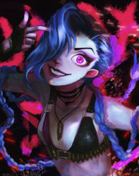 Rule 34 | 1girl, arm tattoo, black background, blue hair, braid, breasts, bullet, character name, cloud tattoo, collarbone, dated, finger gun, finger gun to head, fingerless gloves, gloves, grin, jewelry, jinx (league of legends), league of legends, long hair, looking at viewer, necklace, nuo mi zhi tuan, pink background, shiny skin, smile, solo, tattoo, teeth, translation request, twin braids, upper body, very long hair