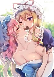 Rule 34 | 2girls, absurdres, alternate hair length, alternate hairstyle, artist name, backlighting, baozishark, bare shoulders, blonde hair, blue headwear, blurry, blurry background, blush, breasts, candy, chocolate, chocolate heart, cleavage, collarbone, colored eyelashes, commentary request, dated, day, dress, elbow gloves, eyes visible through hair, food, frilled dress, frills, gloves, hat, hat ribbon, heart, highres, hug, hug from behind, japanese clothes, kimono, kimono pull, light particles, long hair, medium breasts, medium hair, mob cap, mouth hold, multiple girls, neck, one eye closed, outdoors, pink hair, puffy short sleeves, puffy sleeves, purple eyes, red ribbon, ribbon, saigyouji yuyuko, sharing food, shiny skin, short sleeves, sunlight, teeth, tongue, touhou, tree, triangular headpiece, upper body, valentine, very long hair, white gloves, white headwear, yakumo yukari, yuri