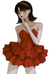 Rule 34 | 1girl, armpit crease, bad id, bad twitter id, bare shoulders, black hair, bleeding, blood, blood on clothes, blood on face, blood on gloves, collarbone, dress, elbow gloves, gloves, grey eyes, hairband, highres, inuo (inuo x), kirigoe mima, looking at viewer, medium hair, off-shoulder dress, off shoulder, parted lips, perfect blue, red dress, red hairband, red lips, simple background, solo, thighhighs, white background, white gloves, white thighhighs