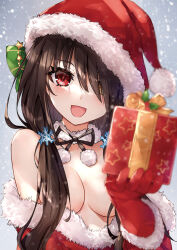 Rule 34 | 1girl, :d, asle, bare shoulders, black hair, blush, bow, breasts, censored nipples, christmas, christmas present, clothes down, date a live, fur collar, gift, giving, gloves, hair between eyes, hair censor, hair ornament, hair over one eye, hand up, hat, hat bow, heterochromia, holding, holding gift, incoming gift, long hair, looking at viewer, low twintails, medium breasts, neck ribbon, open mouth, red eyes, revision, ribbon, santa costume, santa gloves, santa hat, smile, snowflake hair ornament, snowing, solo, tokisaki kurumi, twintails, upper body, yellow eyes
