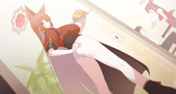 Rule 34 | 1boy, 2girls, ^ ^, animal ears, apron, ass, black apron, blue archive, breasts, brown hair, closed eyes, dutch angle, food, fried rice, halo, highres, holding, holding tray, large breasts, looking at viewer, looking back, multiple girls, nnn051821, panties, paper on head, profile, red shirt, reijo (blue archive), rumi (blue archive), sensei (blue archive), shirt, smile, solo focus, tray, underwear, waist apron, white panties