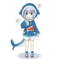 Rule 34 | 1girl, ?, animal costume, animal hood, blue eyes, blue hair, commentary request, cosplay, fins, fish tail, gawr gura, gawr gura (1st costume), gawr gura (cosplay), gochuumon wa usagi desu ka?, hair ornament, highres, hololive, hololive english, hood, kafuu chino, light blue hair, looking at viewer, na! (na&#039;mr), shark costume, shark hood, shark tail, solo, spoken question mark, tail, triangle mouth, virtual youtuber, white background, x hair ornament