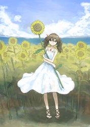 Rule 34 | 1girl, brown eyes, brown hair, cloud, cloudy sky, commentary request, day, dress, flower, flower field, full body, highres, jewelry, kantai collection, long hair, looking at viewer, magatama, magatama necklace, necklace, nito (nshtntr), ocean, ryuujou (kancolle), sandals, sky, smile, solo, standing, sundress, sunflower, sunflower field, twintails, white dress