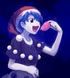Rule 34 | 1girl, blob, blue eyes, blue hair, doremy sweet, dress, eating, gradient background, hat, highres, matching hair/eyes, nightcap, open mouth, otama (jcts), pom pom (clothes), short hair, solo, touhou