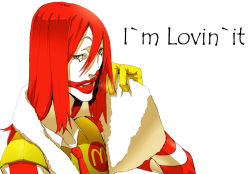 Rule 34 | 1boy, alternate hairstyle, animification, brown eyes, clown, english text, facepaint, highres, makeup, male focus, mcdonald&#039;s, red hair, ronald mcdonald, simple background, solo, striped, towel, velzhe, white background