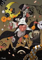Rule 34 | 1boy, arch, balloon, boots, bouquet, bow, coat, coattails, crescent, crescent moon, cross-laced footwear, dark sky, earrings, fangs, flower, ghost, halloween, harem pants, hat, heart, jack-o&#039;-lantern, jewelry, jumping, lace-up boots, lights, looking at viewer, makeup, makkamu, moon, neck ribbon, one eye closed, open mouth, original, pale skin, pants, petals, red eyes, ribbon, sign, signature, spire, tailcoat, top hat, white hair, wink