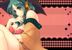 Rule 34 | 1girl, aqua hair, bad id, bad pixiv id, bare shoulders, breasts, green eyes, hat, hazuki (nature.), large breasts, long hair, looking at viewer, magi the labyrinth of magic, shell, shell bikini, smile, solo, witch hat, yamuraiha