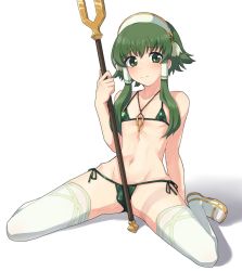 Rule 34 | 1boy, androgynous, ashido (acidex), bikini, boots, bulge, crossdressing, green bikini, green eyes, green hair, highres, ion (tales), male focus, navel, staff, swimsuit, tales of (series), tales of the abyss, thigh boots, thighhighs, trap
