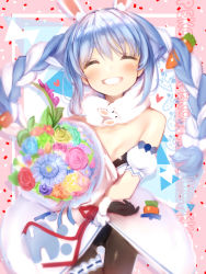 Rule 34 | 1girl, :d, animal ear fluff, bad id, bad pixiv id, bare shoulders, black leotard, blue flower, blue hair, blue rose, blush, bouquet, braid, breasts, brown pantyhose, carrot, carrot hair ornament, closed eyes, cowboy shot, detached sleeves, don-chan (usada pekora), facing viewer, flower, food-themed hair ornament, gloves, green flower, grin, hair ornament, heart, highres, holding, holding bouquet, hololive, juliet sleeves, leotard, long hair, long sleeves, multicolored hair, nanashi (nlo), open mouth, orange flower, pantyhose, pink flower, pink rose, puffy sleeves, purple flower, purple rose, rabbit girl, red flower, red rose, rose, small breasts, smile, solo, standing, thigh gap, twin braids, two-tone hair, usada pekora, usada pekora (1st costume), virtual youtuber, waistcoat, yellow flower, yellow rose