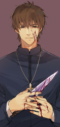 Rule 34 | 1boy, blood, blood on face, brown eyes, brown hair, cross, cross necklace, fate/zero, fate (series), jewelry, knife, kotomine kirei, male focus, necklace, purple background, simple background, smile, solo, zaqloxxx