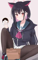 Rule 34 | 1girl, absurdres, animal ears, black footwear, black hair, black hoodie, blue archive, blush, box, brown pantyhose, cardboard box, cat ears, cat girl, closed mouth, colored inner hair, commentary request, doughnut, drawstring, expressionless, eyes visible through hair, feet out of frame, food, green footwear, green sailor collar, grey background, hair ornament, hairclip, halo, hand up, highres, holding, holding food, hood, hood down, hoodie, kazusa (blue archive), long sleeves, looking at viewer, miniskirt, multicolored hair, neckerchief, notice lines, pantyhose, pink hair, pink neckerchief, pleated skirt, rakio deeeesu, red eyes, sailor collar, shoes, short hair, simple background, sitting, skirt, sneakers, solo, white skirt